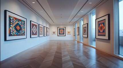 Simple, geometric artwork displayed on the wall, complementing the linear design elements.