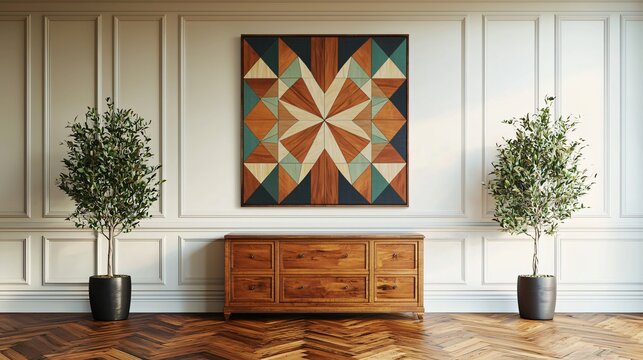 Simple, geometric artwork displayed on the wall, complementing the linear design elements.