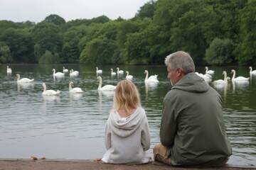 Father and little daughter sitting on shore and watching swans swimming in lake on summer day, family spending time together outdoors