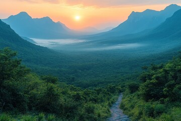 Obraz premium Sunrise over valley, misty mountains, lush forest