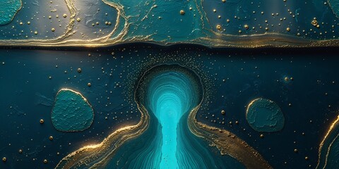 Fototapeta premium Swirling layers of teal and gold abstract art with an illuminated keyhole effect.