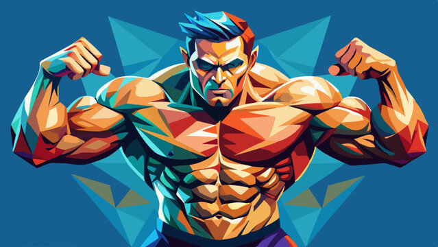 Bodybuilding logo, low poly isolated vector illustration of posing bodybuilder