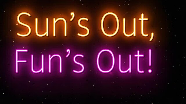 Orange and pink neon text on black background with stars. Fun summer message for holiday advertisement. Shiny glow effect motion video footage for party promotion.