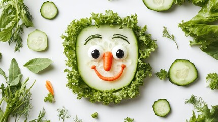 Funny veggie face, cucumber, lettuce, healthy food art