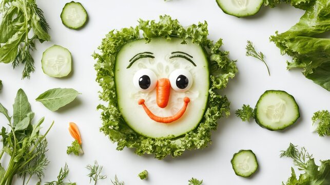 Naklejki Funny veggie face, cucumber, lettuce, healthy food art