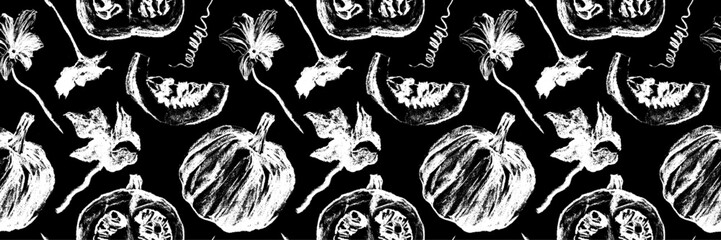 Vector hand-drawn pumpkin seamless pattern —  floral background. Autumn harvest sketch style with grunge texture. Seasonal design, label, packaging and textiles.