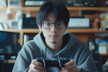 Asian gamer holding a controller and recording an engaging video review for his popular channel, showcasing his passion for gaming