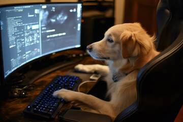 Golden Retriever dog sitting on gaming chair, using computer keyboard and mouse, playing video games on computer monitor, focused expression