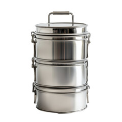 Stacked metal lunchbox isolated on PNG transparent background, cut out