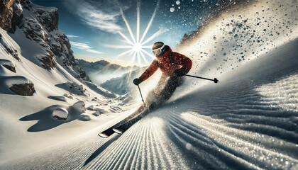 Skier Carving Through Powder on a Pristine Mountain Slope