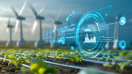 Sustainable farming practices integrating technology wind energy farms digital visualization open fields aerial perspective