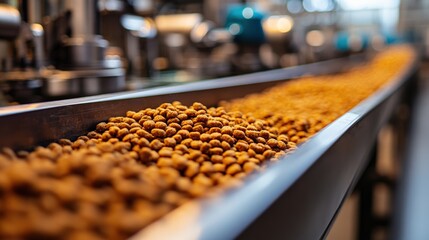 Conveyor belt transporting pet food pellets in a busy manufacturing facility with machinery