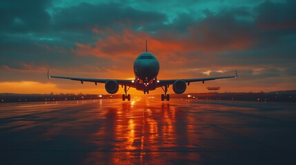 Airplane taxiing on runway at sunset