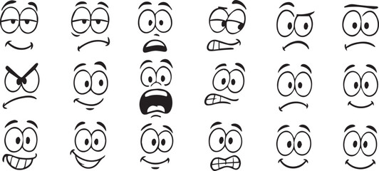 18 Funny Cartoon Face Expressions Unique Black and White Vector Set editable colors