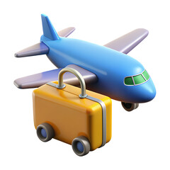 Vector illustration of a flying airplane, a transport for travel, with a suitcase, depicted as a cartoon icon in the sky