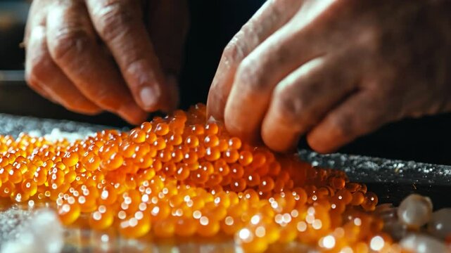 Elderly hands arranging caviar on a dark surface, with a food preparation backdrop