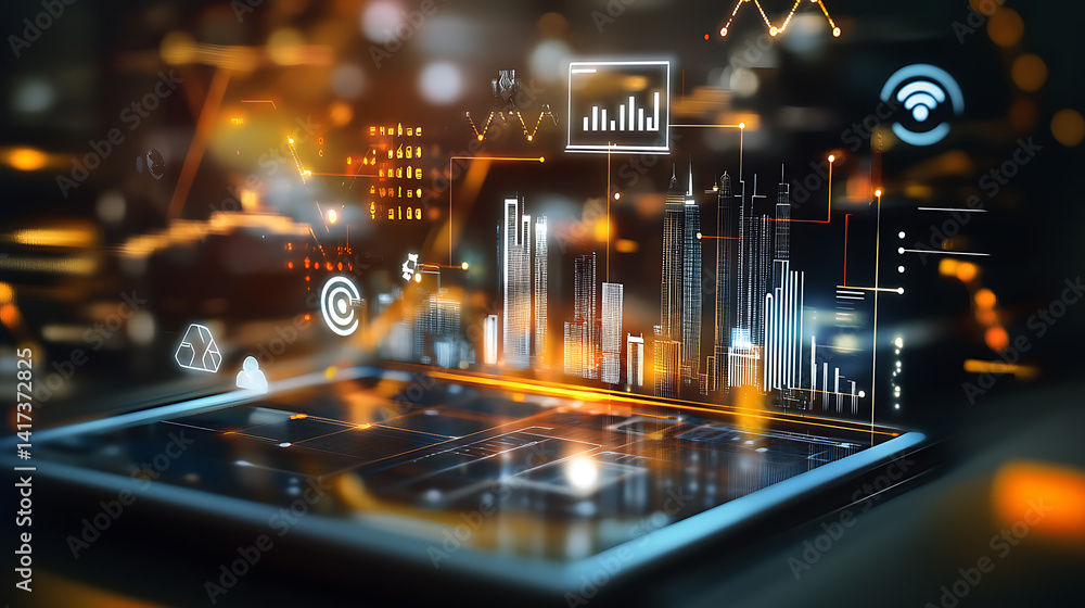 Poster data visualization insights digital workspace infographic urban environment aerial view technology t
