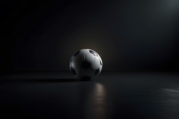 Floating football under top light with black reflective surface and soft shadows

