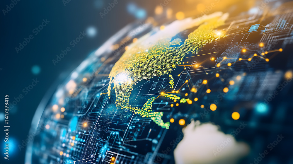 Poster exploring global connectivity through digital mapping world data visualization technology abstract i