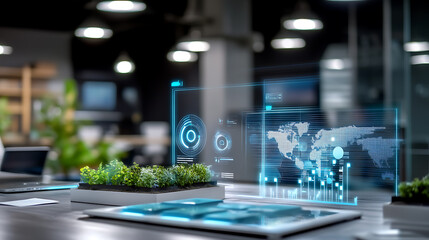 Innovative data visualization techniques modern office digital displays tech environment close-up business insight