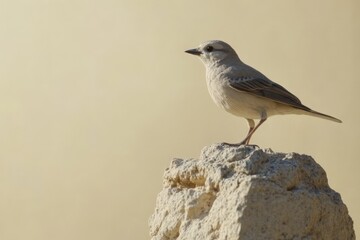 Pale-colored bird perched atop a light-colored rock.
