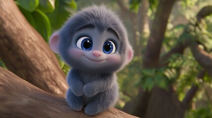 A cute blue cartoon monkey smiling while perched on a tree
