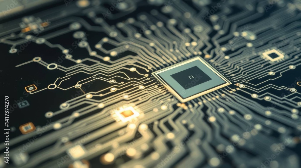 Poster glowing microchip and circuitry on dark background