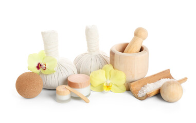 Composition with spa accessories, cosmetic products and orchid flowers isolated on white background