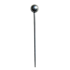 A metallic, polished sphere attached to a long, slender rod, presented in isolation against a black background.