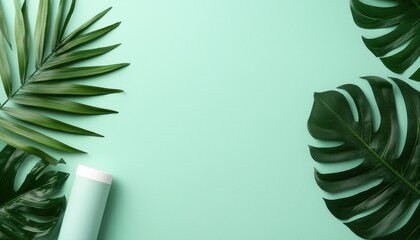 Fresh Green Tropical Leaves on Mint Background for Design Purposes