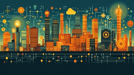 Futuristic city skyline illuminated at night with digital elements and technology motifs