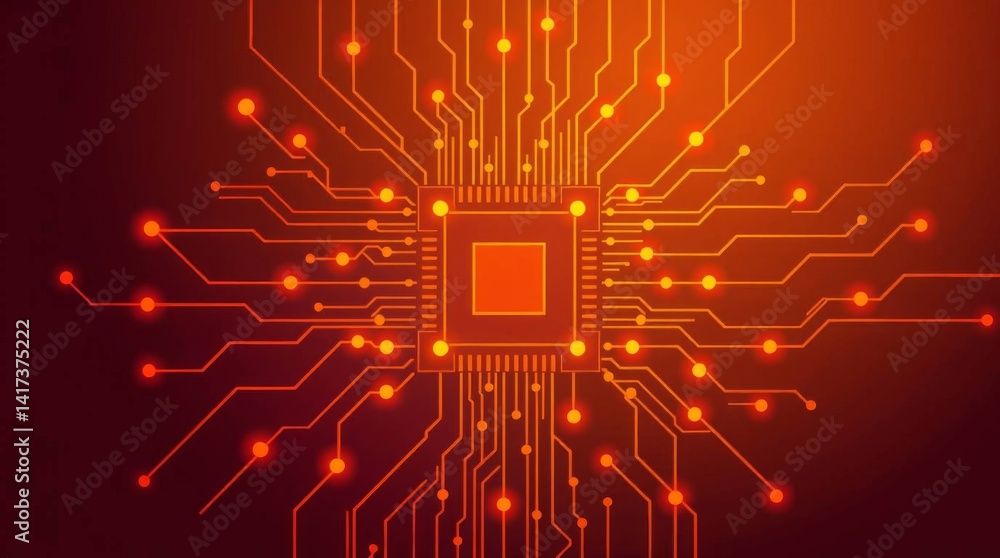 Poster glowing microchip and circuitry on dark background