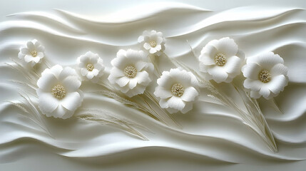Delicate white flowers  thin grasses rest atop white flowing fabric creating an elegant minimalist  serene compositi