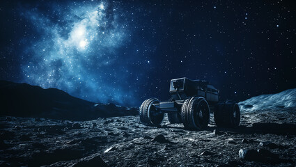 Lunar Rover on the Moon's Surface with a Starry Sky