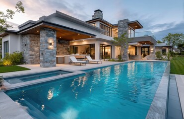 Fototapeta premium A large modern home with an infinity pool and outdoor kitchen, at night, with security lights on in the house and a lawn area behind it