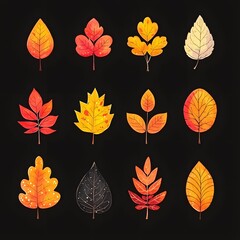 Collection of twelve colorful autumn leaves with diverse shapes and vibrant hues arranged on a black background for nature, seasonal, or artistic themes