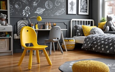 A fun and modern children's room with white walls, chalkboard paint on one wall for drawing or doodling, black paper, a yellow chair