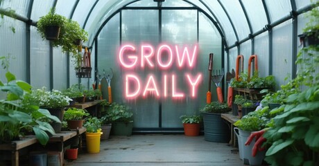 Glowing phrase grow daily in pink and green mounted inside greenhouse tunnel with misted glass lush leaves and reflective gardening tools