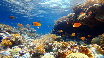 Naklejka premium Underwater view of vibrant coral reefs teeming with colorful fish amidst clear rippling water creating a serene marine