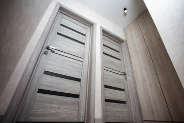 Obraz premium Two modern gray doors with glass inserts for entering and exiting the bedrooms in the apartment, modern interior