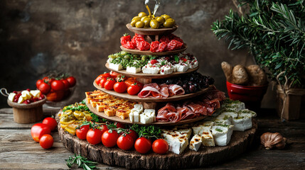 Naklejka premium Mediterranean food pyramid with olive oil drizzle, symbolizing healthy eating traditions in warm tones.