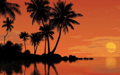 Obraz premium Silhouette of palm trees at sunset on a tropical beach. Warm, orange hues dominate the scene, creating a tranquil and serene atmosphere.