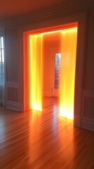Bright light shines through doorway illuminating empty room with wooden floor.