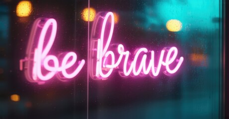 Bright pink neon sign displays be brave. Wet glass reflects blurred lights, creating vibrant mood. Inspiring message.