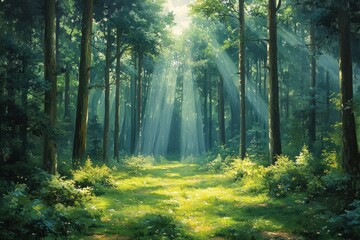Obraz premium Sunlight streams through a lush forest (1)