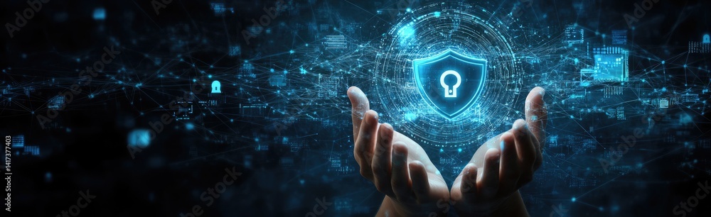Poster cupped hands presenting digital security shield overlaid on a data network