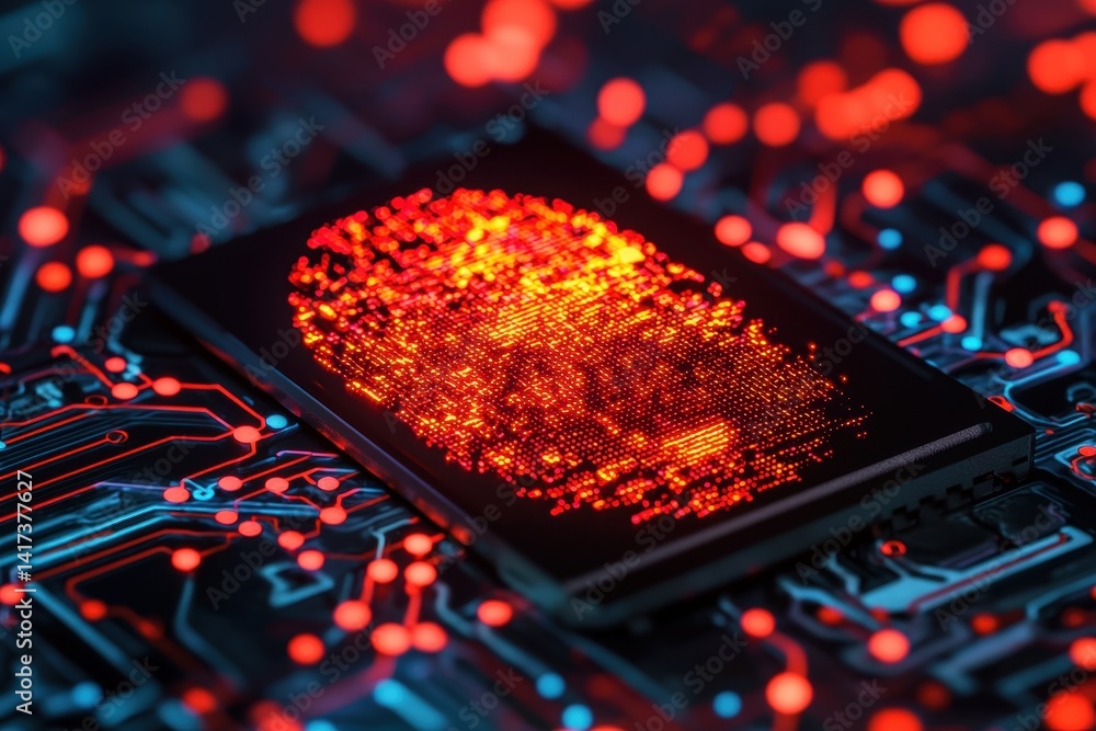 Aufkleber digital fingerprint on circuit board background with red glow
