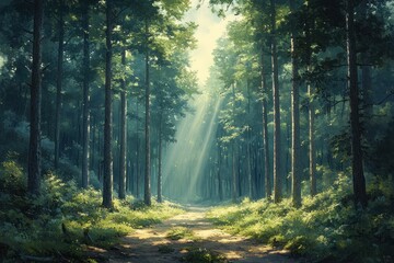 Fototapeta premium Sunlight path through a tranquil forest