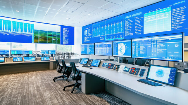 Modern control room monitoring showing charts and data on multiple screens