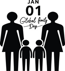 Black silhouettes, family figures, two adults and two children, Global Family Day, January 1st text, white background, minimalist design, graphic illustration, symmetrical composition, iconic represen